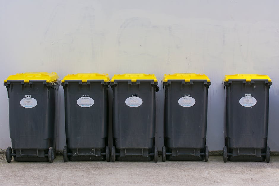 Six large wheeled rubbish bins with black plastic bodies and bright yellow lids are lined up against a light grey concrete wall, positioned on a paved surface. Each bin has a white oval label with ide